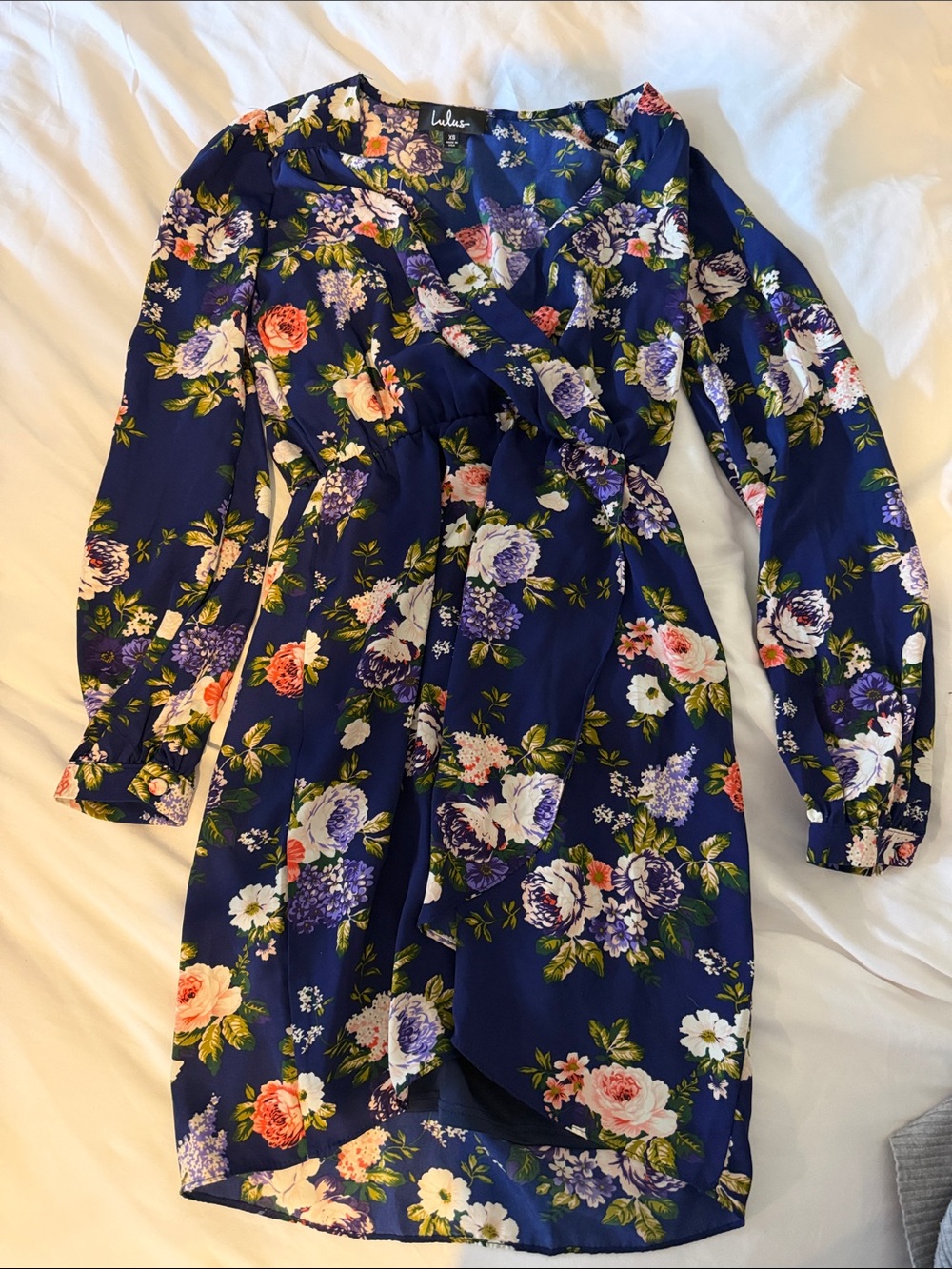 Lulu's Navy Floral Wrap Dress with Long Sleeves